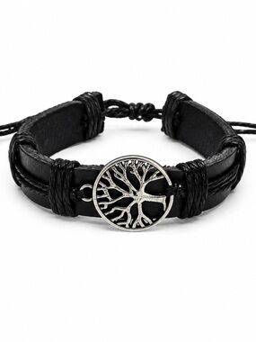Tree of Life Black Leather Bracelet – Adjustable Unisex Braided Cord